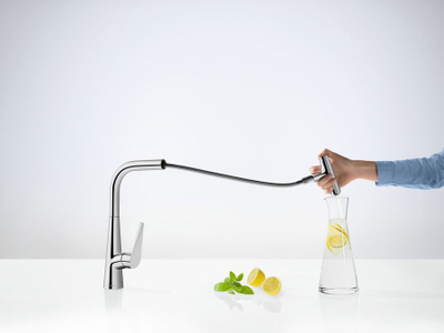 Rubinet kuzhine Hansgrohe Talis Select S 300, me dush tërheqës, rrotullim 150°, krom