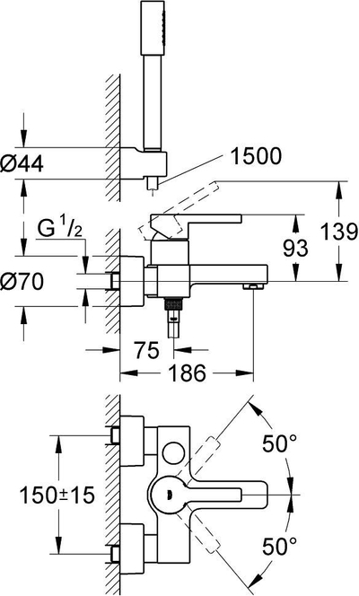 Bateri vaska murale Grohe Lineare 33850000, me dush dore, krom