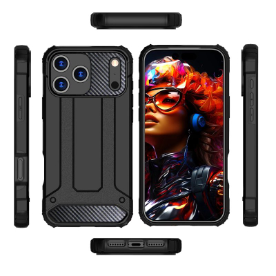 Futrollë telefoni Hurtel Hybrid Armor për iPhone 17 Pro, TPU dhe polikarbonat, e zezë