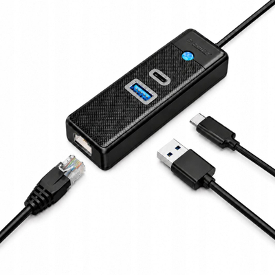Hub USB Orico PWCUR-C3, 3 porte, USB-A 3.0, USB-C 3.0, RJ45 Gigabit Ethernet, 1.8 m, i zi