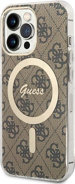 Сет аксесоари Guess GUBPP1, заштитна маска MagSafe за iPhone 13 Pro Max, безжичен полнач, златна боја