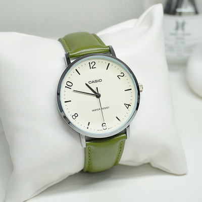 Ora dore Casio MTP-VT03L-7B, analoge quartz, rrip lëkure i gjelbër, display i bardhë