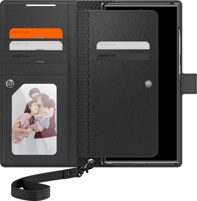 Këllëf portofol Spigen Wallet S Plus për Galaxy S24 Ultra, lëkurë PU, me lanyard, i zi