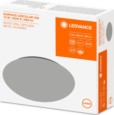 Plafonierë LED LEDVANCE Surface Circular 250 me sensor, 13W, IP44, dritë e bardhë e ftohtë