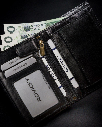 Portofol për meshkuj Rovicky, lëkurë natyrale, RFID, i zi me të kuqe