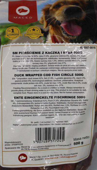 Shpërblim për qen MACED Rings With Duck And Fish, mish pate dhe peshku, 500 g