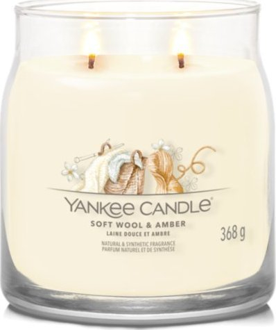 Qiri aromatik Yankee Candle Signature Soft Wool & Amber, 368g, me dy fitila, krem