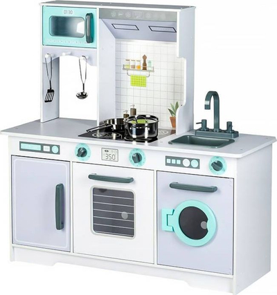 Kuzhinë druri për kalamaj ECOTOYS, set me aksesorë, ngjyra neutrale me blu