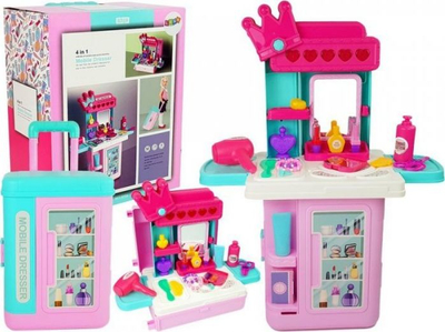 Set loje për tualetin e princeshave Leantoys, 4 në 1, me valixhe me rrota, rozë shumëngjyrsh