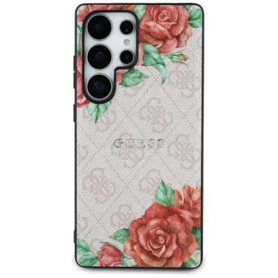 Mbrojtëse telefoni Guess Leather Flowers për Samsung Galaxy S25 Ultra, MagSafe, lëkurë me lule, rozë