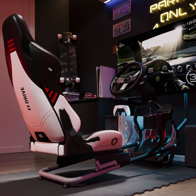 Kokpit garash Diablo Chairs X-Drive, ulëse gaming ergonomike, konstrukt metalik për timon dhe pedale, bardh e zezë