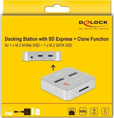 Docking station DeLOCK 64138, për M.2 SATA, NVMe edhe SD Express me USB, ngjyrë argjendi