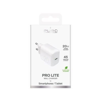 Ѕиден полнач Puro PRO LITE, USB Type C, 20W, бел