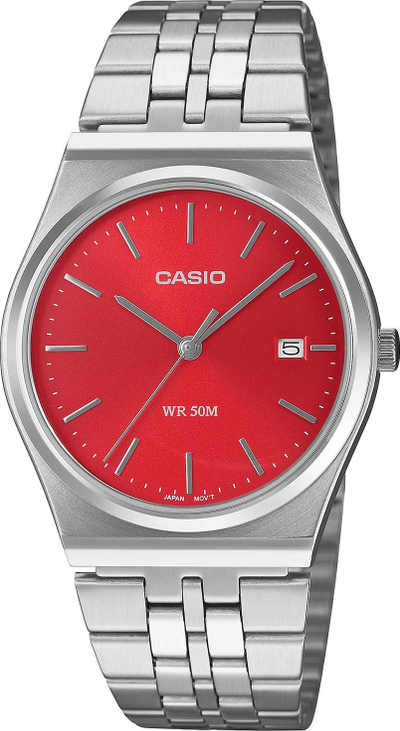 Orë dore Casio MTP-B145D-4A2VEF, kronograf kuarc, rezistencë uji 50 m, argjend me faqe të kuqe