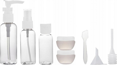 Set shishesh udhëtimi me çantë kozmetike, 8 copë, transparente