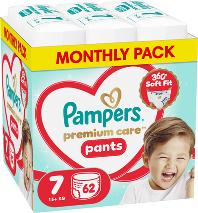 Pelena pantallona Pampers Premium Care 7, 15+ kg, 62 copë, për fëmijë