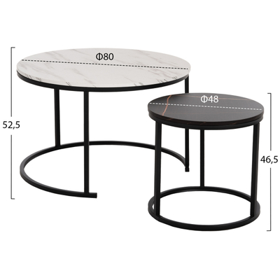 Tavolinë për kafe 2-pjesësh MDF marble mix & këmbë të zeza Φ80–48 cm (HM8763.14), zezë