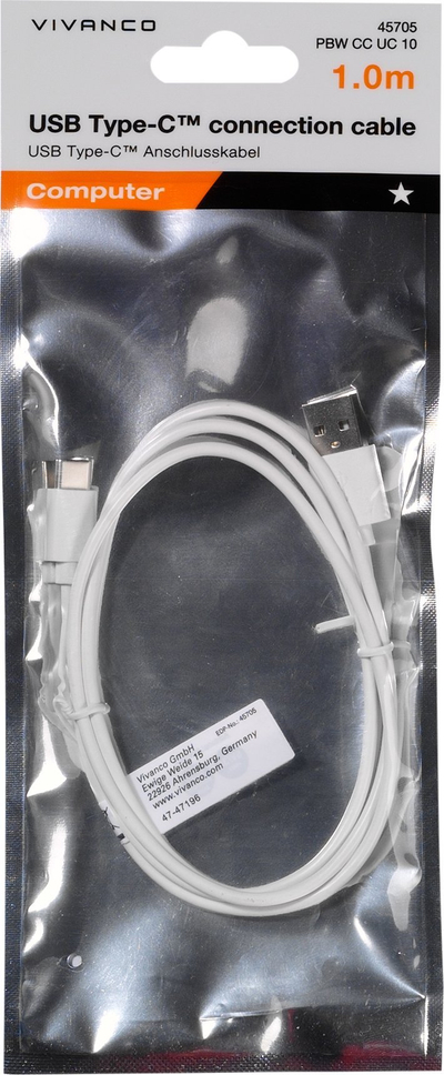 Kabllo USB Vivanco 45705, USB A me USB C, 1m, e bardhë