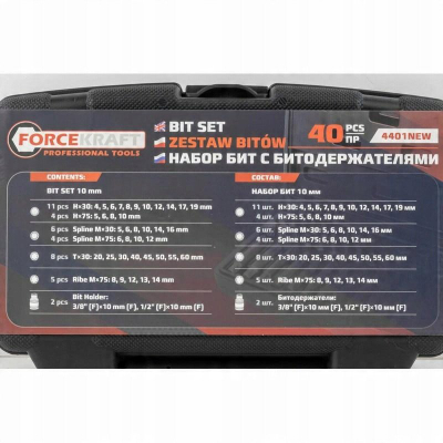 Set bitash Forcekraft FK-4401NEW, 40 copë, Hex Torx Spline, në kuti plastike