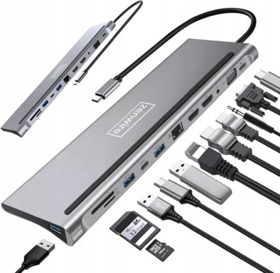 Dock USB C 12in1, 2x HDMI 4K, Ethernet RJ45, gri