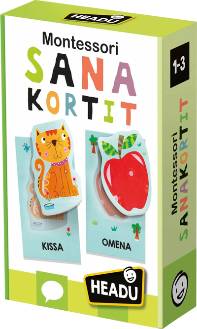 Karta edukative Montessori Headu Sanakortit, për foshnja 1 3 vjeç, finlandisht, shumëngjyrëshe