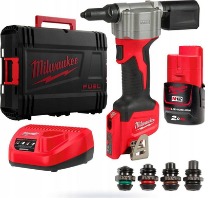 Rivetues pa kabllo Milwaukee M12 BPRT-201X, 12V, bateri 2Ah, i kuq