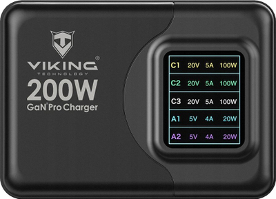 USB карикирач GaN Viking PD PRO, 200W, 3x USB C, 2x USB A, црн