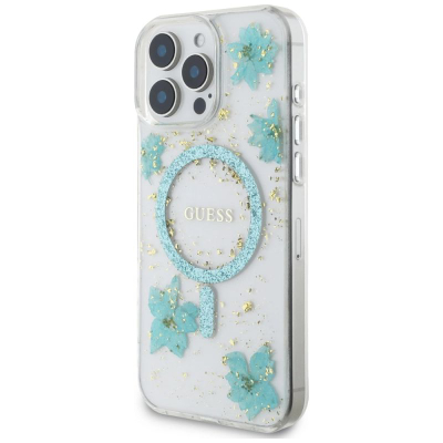 Калјак за телефон Guess Resin Flowers Glitter, MagSafe, за iPhone 16 Pro 6.3", тиркизен