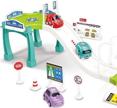 Lodër garazh parkingu Woopie Car Track, me pista, 3 makina, ngjyra-plot