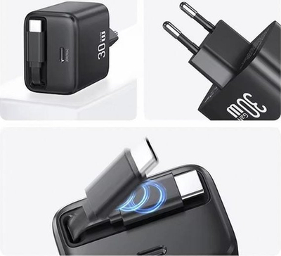 Karikues muri USAMS CC241, 30W GaN PD QC, USB C me kabllo me tërheqje, i bardhë