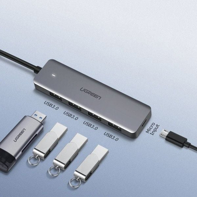 Hub USB C Ugreen 70336, 4 porta USB 3.0, 5 Gbps, gri hapësinor