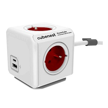Zgjatës me priza Cubenest Powercube Extended, 4x prizë, USB PD 20W A+C, 1.5 m, i bardhë e kuq