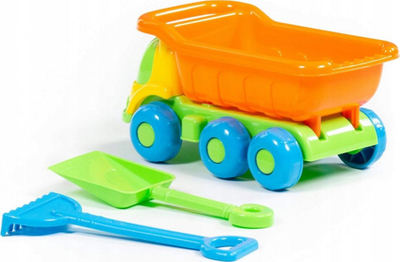 Set lodrash me rërë Polesie Auto Plus 57051, kamion me dump, lopatë edhe grusht, shumëngjyrësh