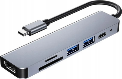 Hub USB C 6 në 1, HDMI, USB 3.0, lexues karte SD, gri