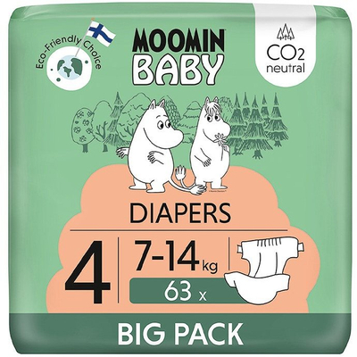 Pelenë bebe Moomin Baby, madhësia 4 7-14 kg, 63 copë, e bardhë