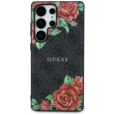 Kapak telefoni Guess Classic 4G Flowers për Samsung Galaxy S25 Ultra, lëkurë eco, MagSafe, i zi