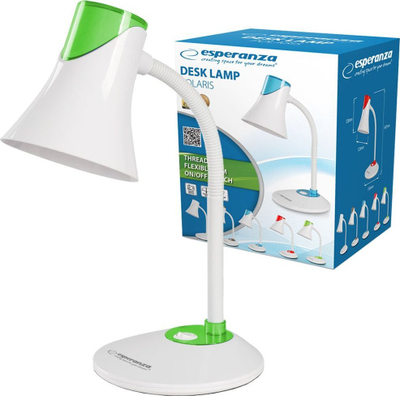 Lampë tavoline Esperanza Polaris, me sokël E27, me krah fleksibël, e bardhë me nuanca jeshile