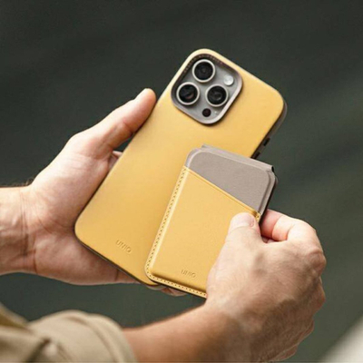 Portofol magnetik telefoni Uniq Lyden DS, RFID, mbajtëse kartelash dhe telefoni, i verdhë gri