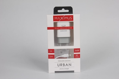 Karikues muri Maxximus Urban 2.1A, 2 porta USB, me kabllo Lightning 1m, i bardhë