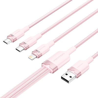 Kabllo USB 2.0 A në 3in1 3A Vention CTPPG 1.5M (rozë)