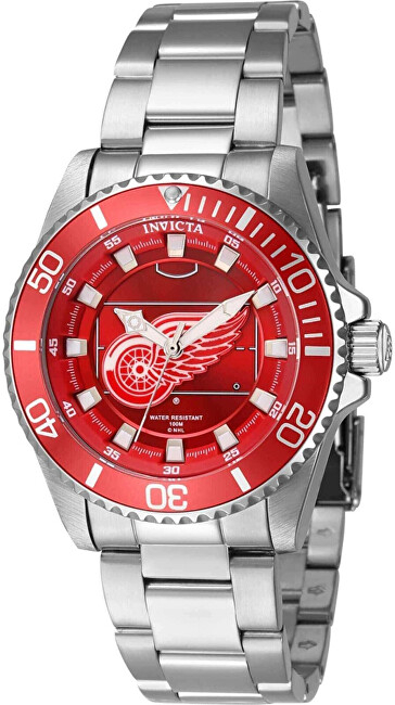 Orë dore për femra Invicta NHL Detroit Red Wings Quartz 42222, e argjendtë/kuqe