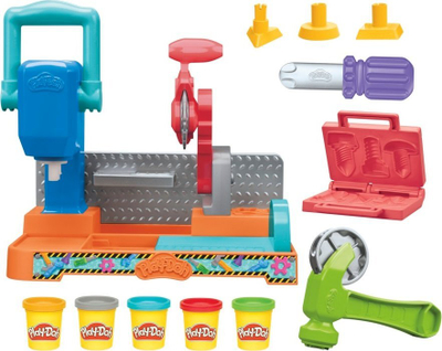 Set plasteline Play Doh Stamp and Saw Tool Bench, 5 kanaçe, shumëngjyrësh