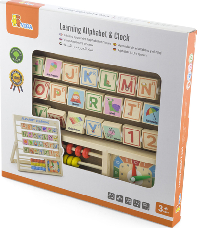 Lodër mësimi druri Viga Alphabet and Clock, 3‑n‑1, për alfabet dhe numra, shumëngjyrëshe