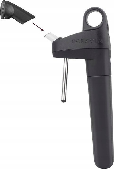 Set për ruajtje vere Coravin Pivot Plus, sistem me gaz për me e mbajt verën, me aerator brenda, i zi