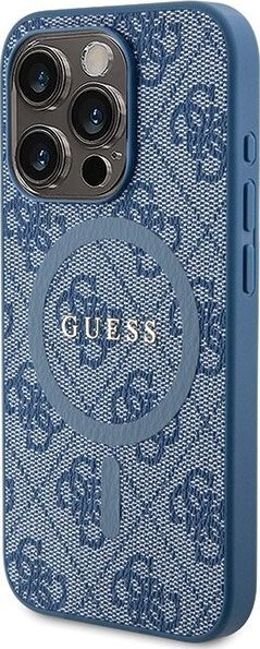 Kapak telefoni Guess 4G Collection Metal Logo MagSafe për iPhone 14 Pro, lëkurë ekologjike, blu