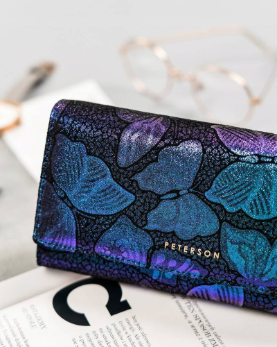 Portofol lëkure PETERSON PTN 42122, RFID, me flutura, blu vjollcë