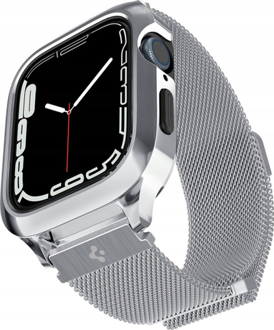 Këllëf me rrip Spigen Metal Fit Pro për Apple Watch 45mm 44mm, alumin edhe TPU, rrip çeliku magnetik, argjendtë