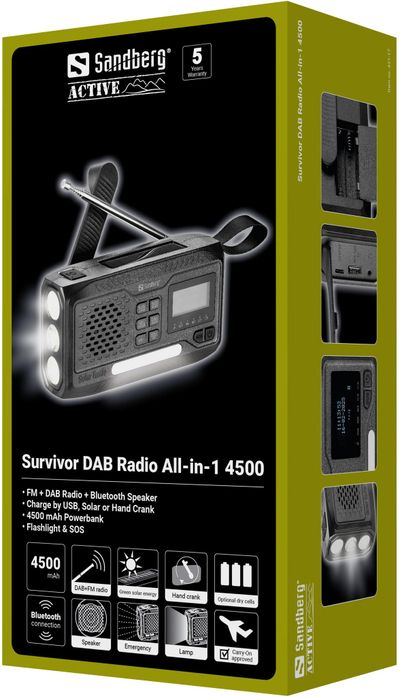 Radio portative Sandberg Survivor DAB All in 1 4500, Bluetooth, power bank, e zezë