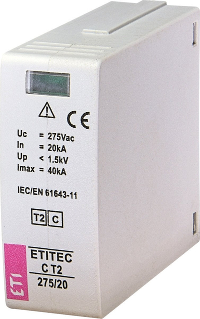 Mbrojtës nga mbingarkesa ETI ETITEC C T2 275/20, 275V AC, 20kA, i bardhë
