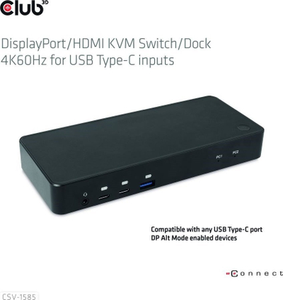 Switch KVM Club 3D CSV-1585, 2x USB Type-C, DisplayPort HDMI 4K 60Hz, i zi